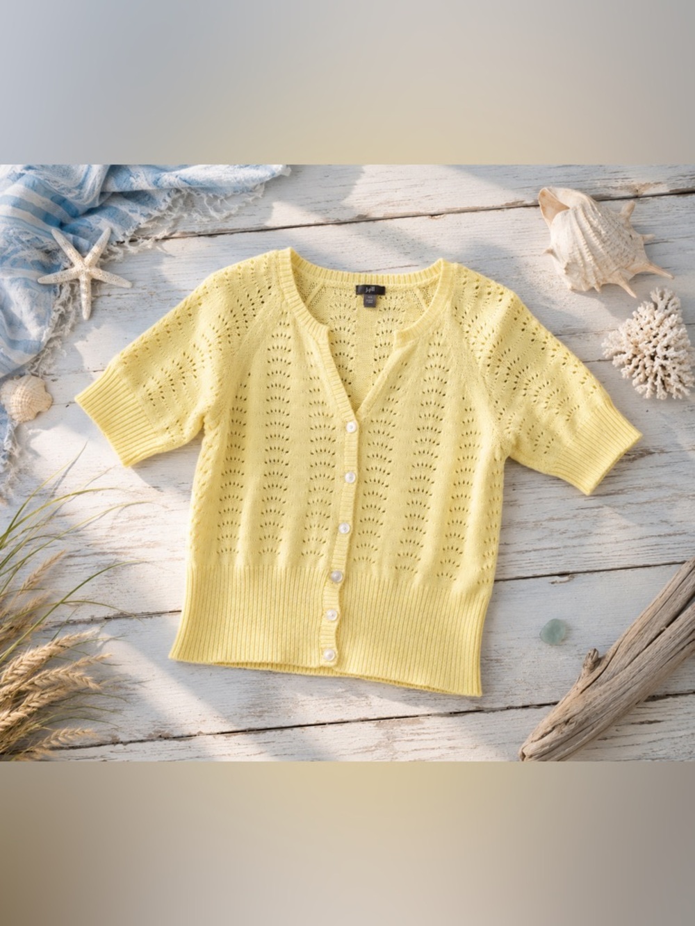 J. Jill Butter Yellow Pointelle Cardigan Small Soft‎ Girl Coastal Grandma